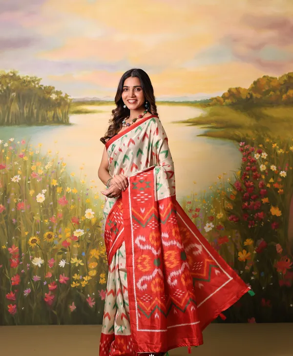 White_And_Orange_Messi_Silk_Saree