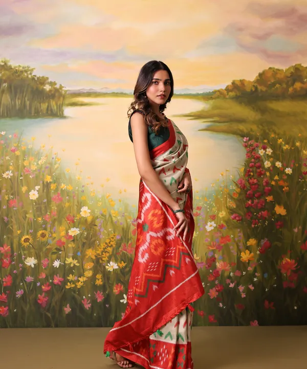 White_And_Orange_Messi_Silk_Saree