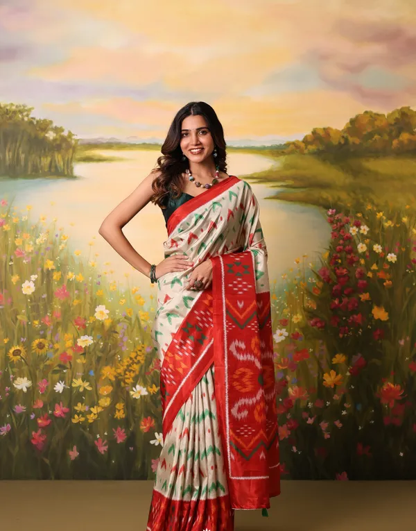 White_And_Orange_Messi_Silk_Saree