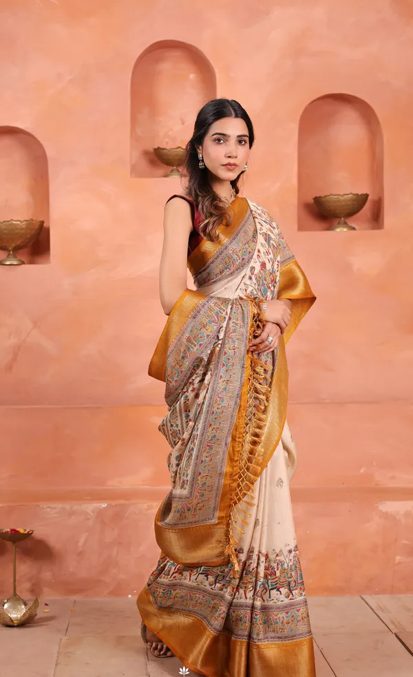 Brown_And_White_Dola_Art_Silk_Saree