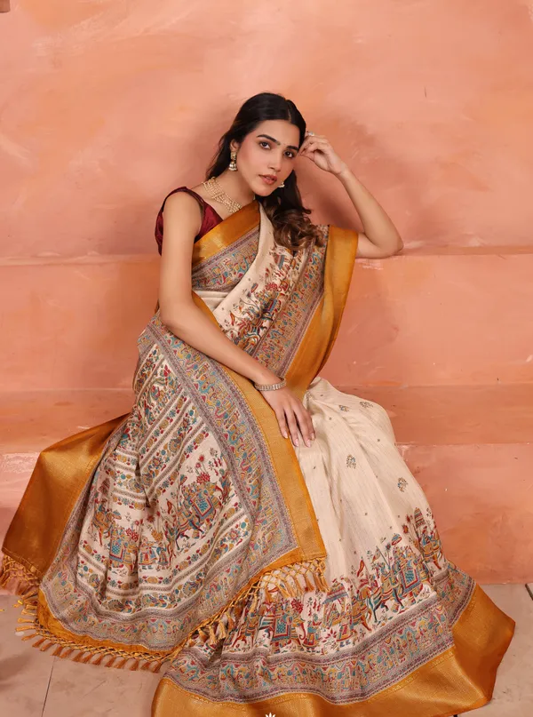 Brown_And_White_Dola_Art_Silk_Saree