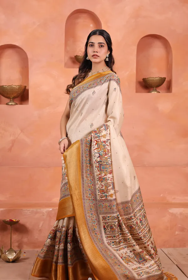 Brown_And_White_Dola_Art_Silk_Saree