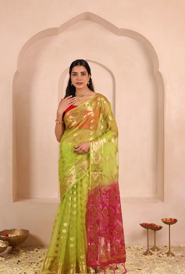 Green_And_Red_Banarasi_Organza_Saree