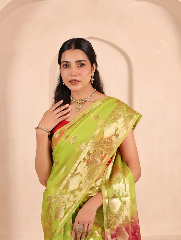 Green_And_Red_Banarasi_Organza_Saree
