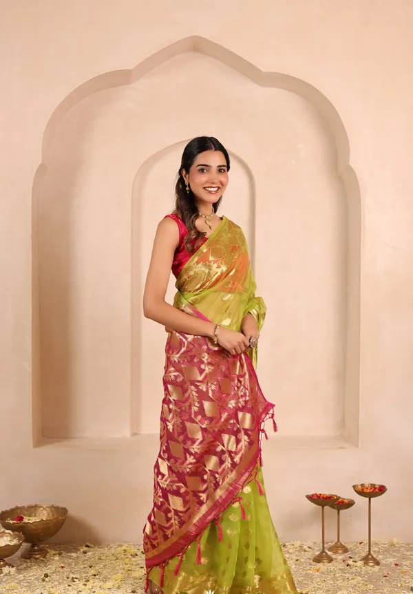 Green_And_Red_Banarasi_Organza_Saree