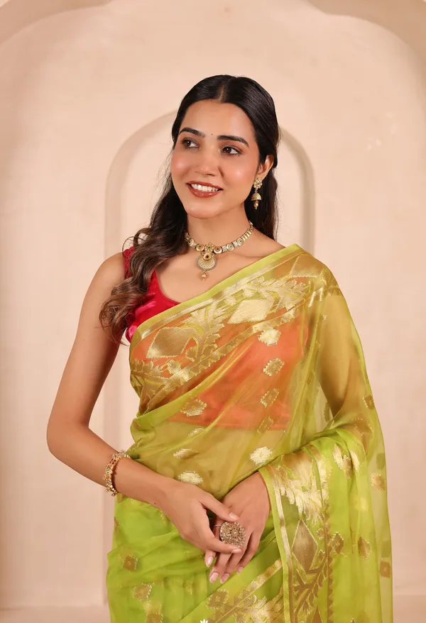 Green_And_Red_Banarasi_Organza_Saree