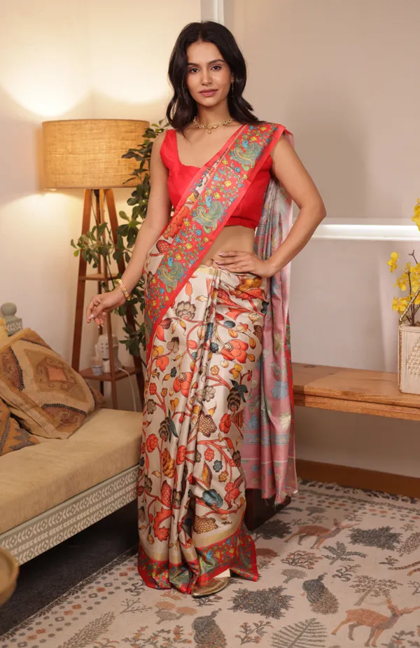 White_And_Red_Tussar_Art_Silk_Saree