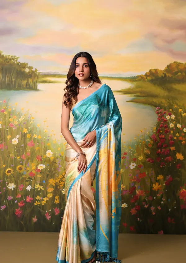 Blue_And_Beige_Modal_Silk_Saree