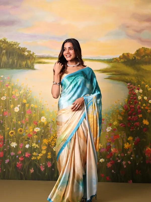 Blue_And_Beige_Modal_Silk_Saree