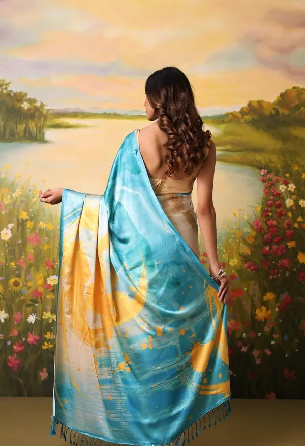 Blue_And_Beige_Modal_Silk_Saree