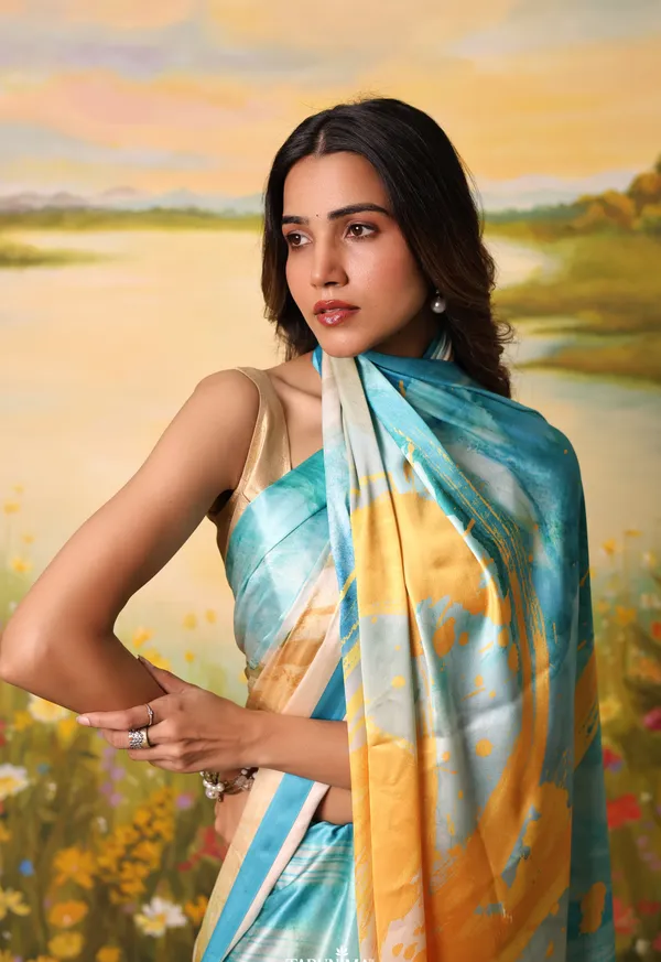 Blue_And_Beige_Modal_Silk_Saree
