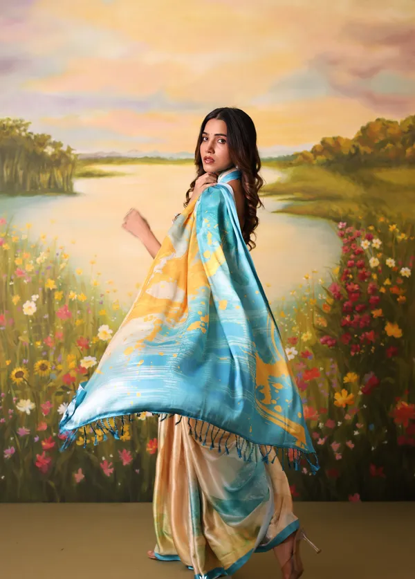 Blue_And_Beige_Modal_Silk_Saree