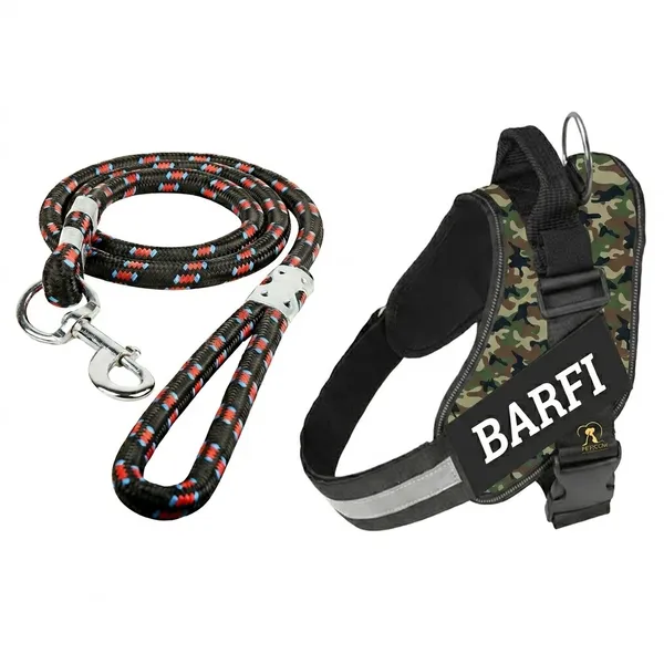 Black_And_Dark_Green_Personalized_Camouflage_Dog_Harness_With_Matching_Leash_Set_-_'Barfi'_Name_Patch