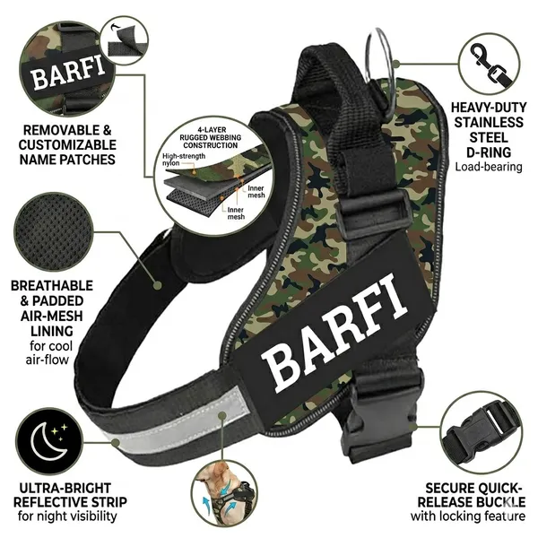 Black_And_Dark_Green_Personalized_Camouflage_Dog_Harness_With_Matching_Leash_Set_-_'Barfi'_Name_Patch
