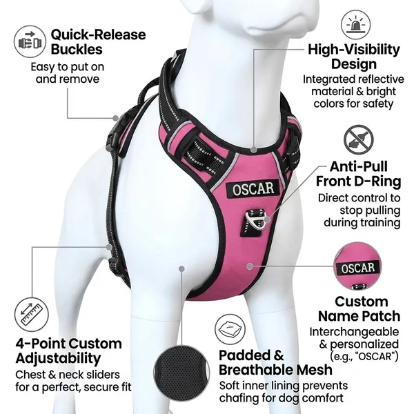 Double_Sided_Pink_Harness_With_Custom_Name_Patch_-_Adjustable,_Reflective,_Padded_Mesh_Design_Pack_Of_2