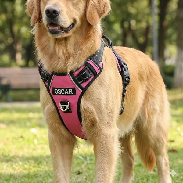 Double_Sided_Pink_Harness_With_Custom_Name_Patch_-_Adjustable,_Reflective,_Padded_Mesh_Design_Pack_Of_2