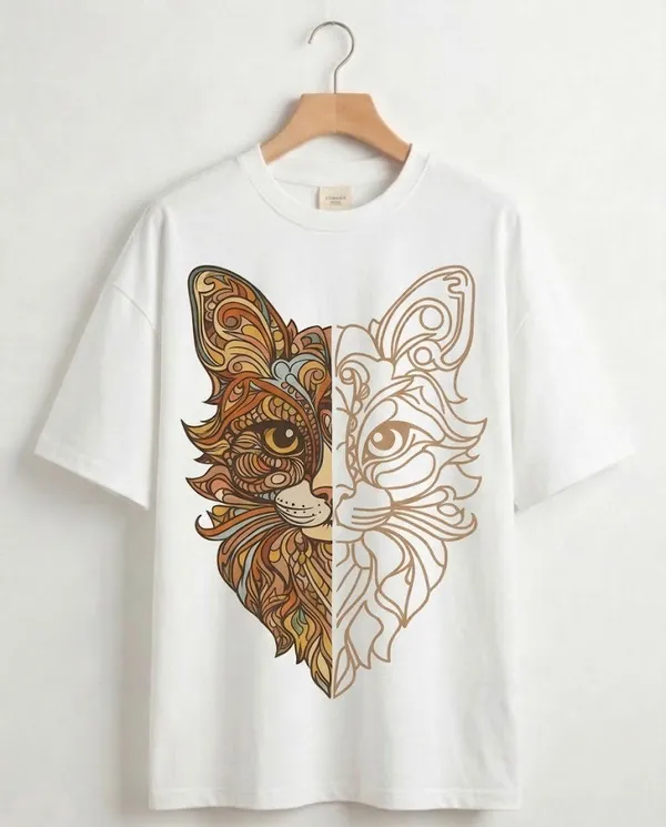 White_Artistic_Cat_Face_Split_Design_T-Shirt