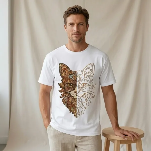 White_Artistic_Cat_Face_Split_Design_T-Shirt