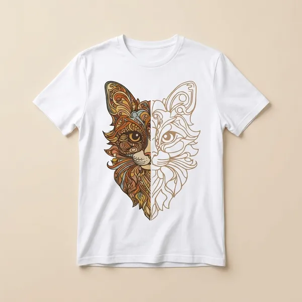 White_Artistic_Cat_Face_Split_Design_T-Shirt
