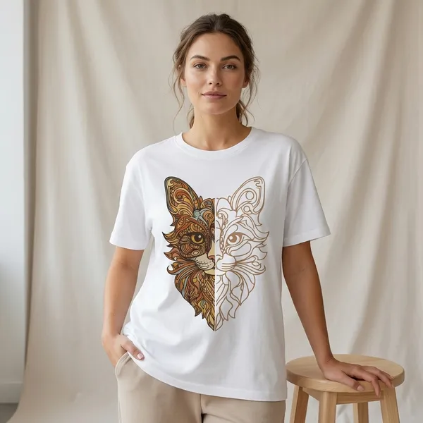 White_Artistic_Cat_Face_Split_Design_T-Shirt