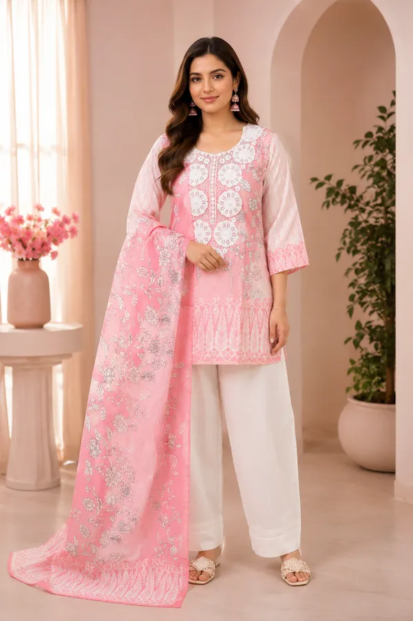 women_peach_and_cream_Three_Piece_Suit_Set_With_Dupatta