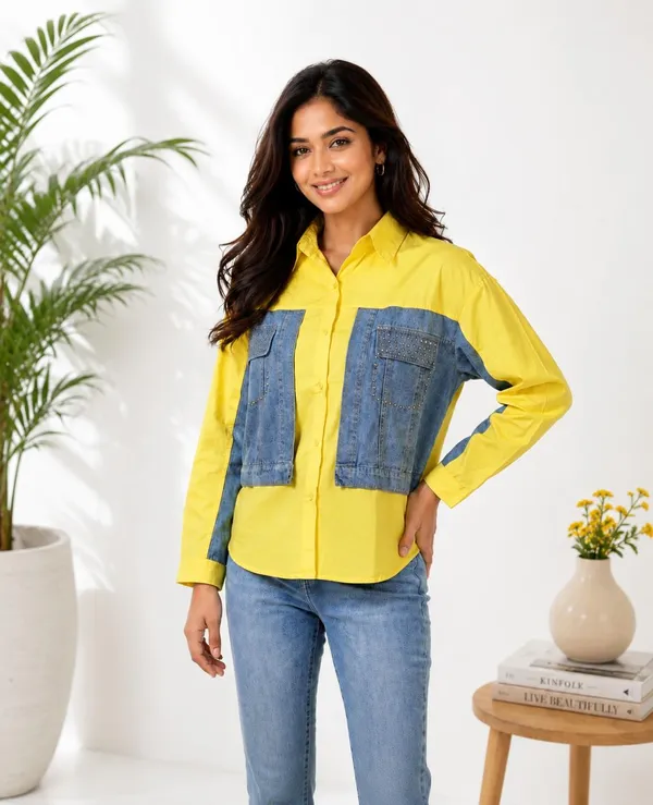 Vibrant_Yellow_And_Denim_Patchwork__Pure_Cotton_Shirt_For_Women