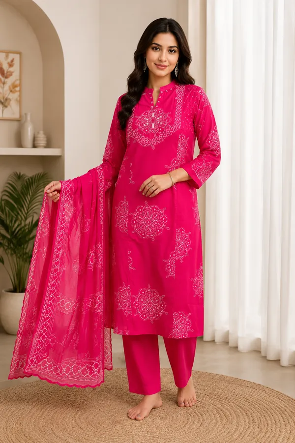 Women_fusion_pink_jaipuri_Three_Piece_Suit_Set_With_Dupatta