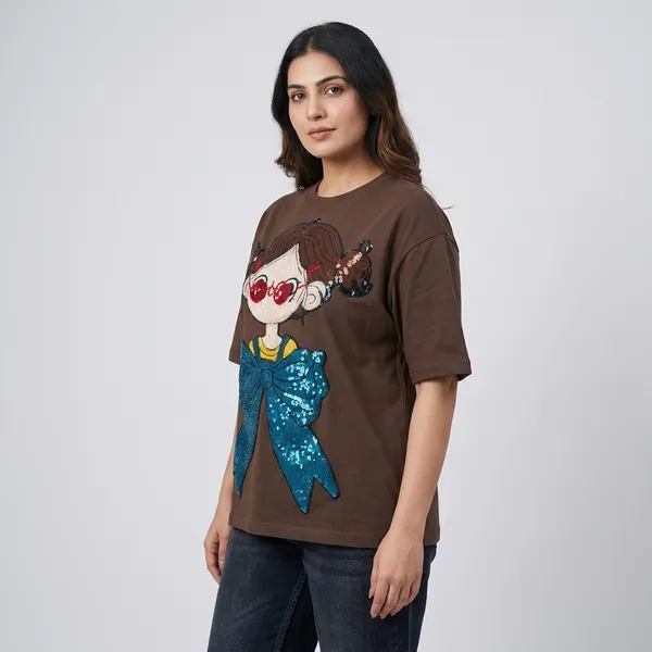 Cartoon_Character_Graphic_Print_Brown_T_Shirt_For_Women