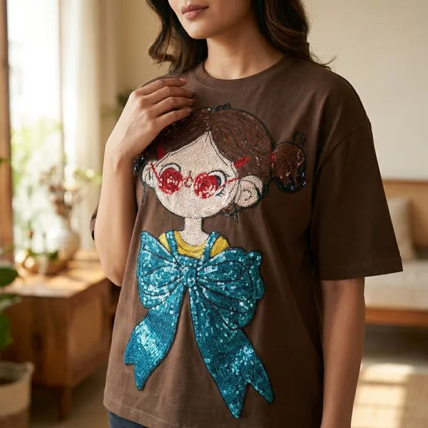 Cartoon_Character_Graphic_Print_Brown_T_Shirt_For_Women