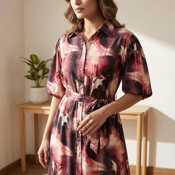 Women_Pink_Abstract_Print_Shirt_Dress_With_Belt