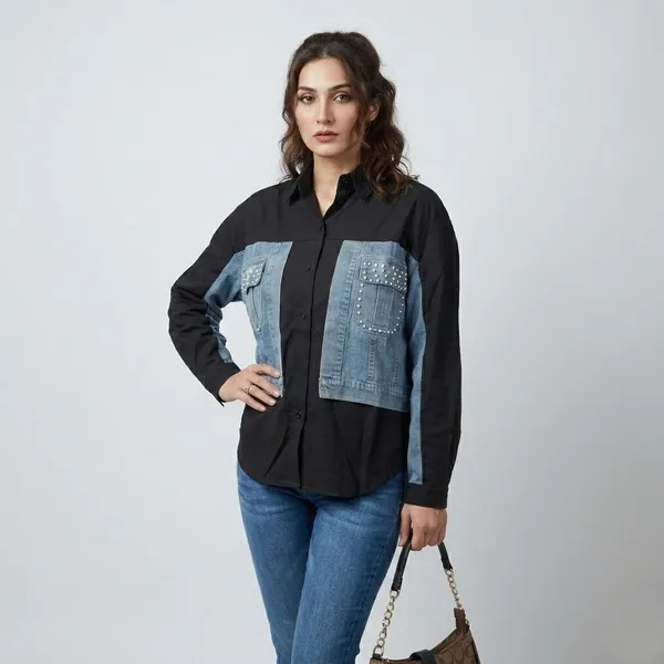 Stylish_Black_And_Denim_Oversized_Pure_Cotton_Shirt