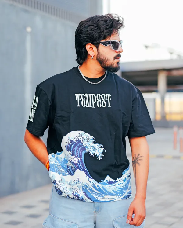 Black_French_Terry_Cotton_Oversized_Wave_Graphic_T-Shirt_For_Men_And_Women