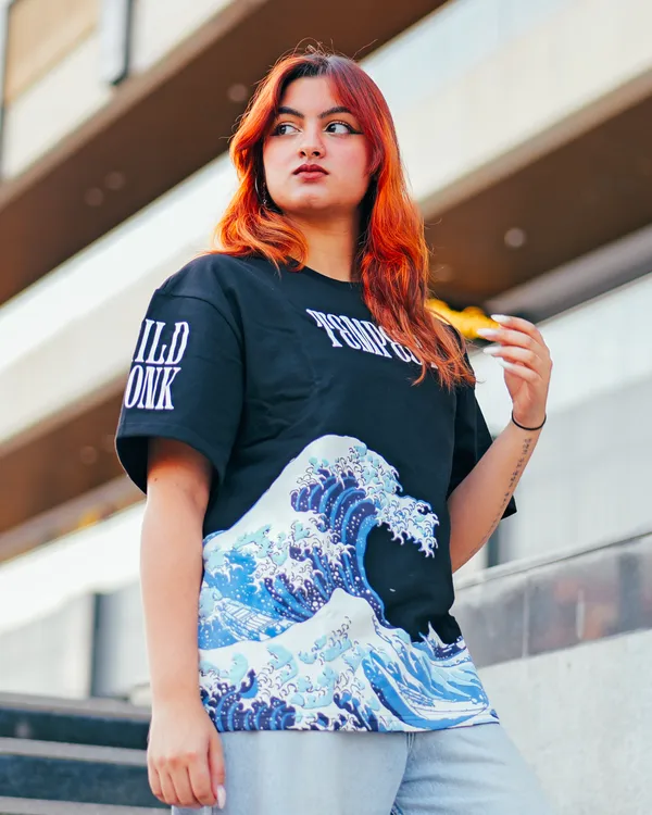 Black_French_Terry_Cotton_Oversized_Wave_Graphic_T-Shirt_For_Men_And_Women