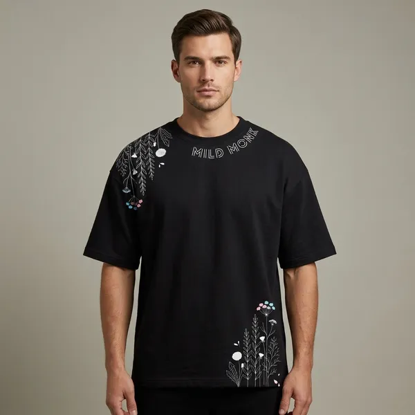 Black_French_Terry_Cotton_Oversized_Botanical_Graphic_T-Shirt_For_Men_And_Women