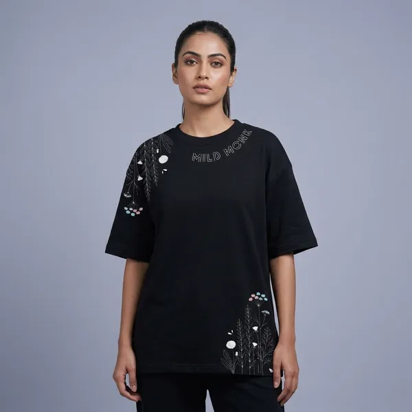 Black_French_Terry_Cotton_Oversized_Botanical_Graphic_T-Shirt_For_Men_And_Women