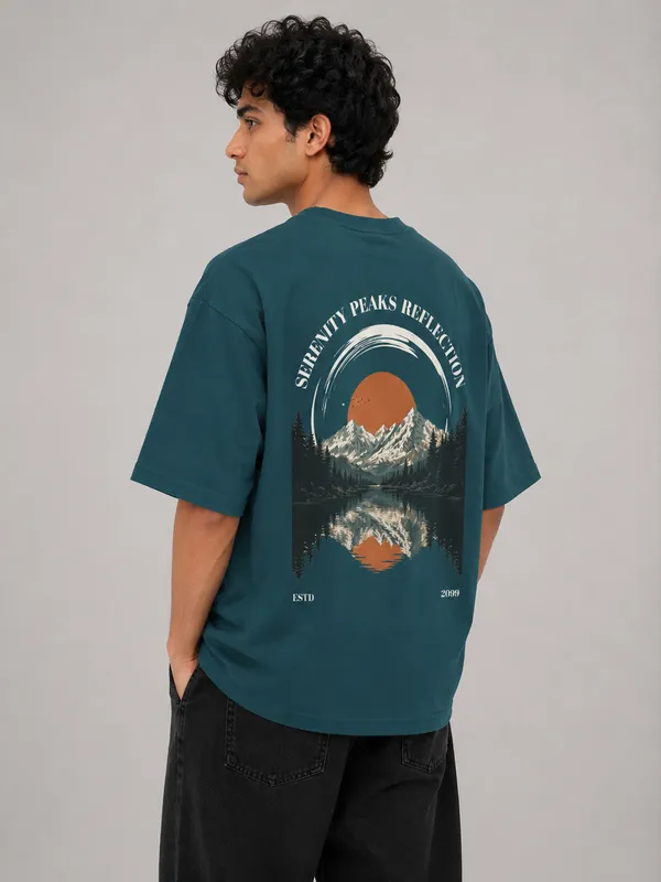 Teal_French_Terry_Cotton_Oversized_Mountain_Graphic_T-Shirt_For_Men_And_Women