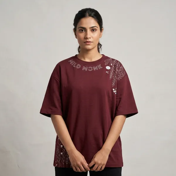 Coffee_Brown_French_Terry_Cotton_Oversized_Floral_Embroidered_T-Shirt_For_Men_And_Women