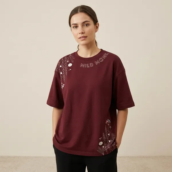 Coffee_Brown_French_Terry_Cotton_Oversized_Floral_Embroidered_T-Shirt_For_Men_And_Women