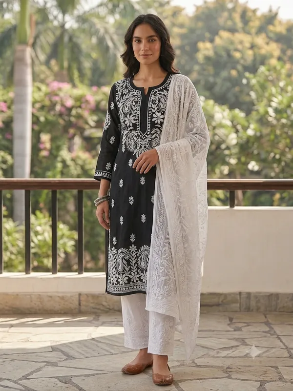 Black_Mulmul_Chikan_Kurta_Set_For_Women