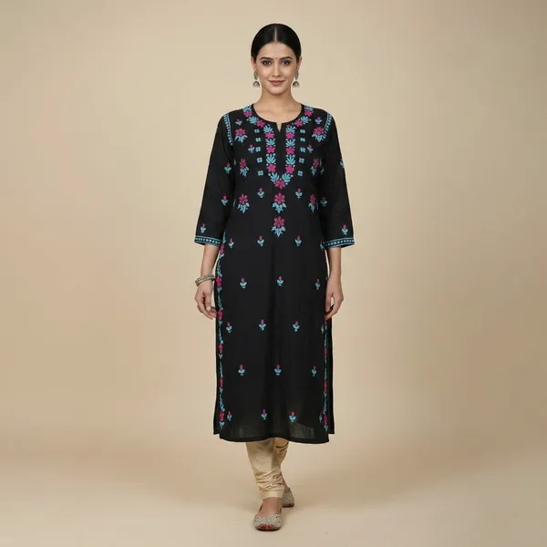 Black_Rayon_Chikankari_Kurti_Blue_Multi_Colour_Work_For_Women