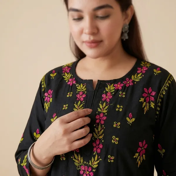 Black_Rayon_Chikan_Kurti_Multi_Work_For_Women