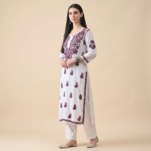 Wine_On_White_Cotton_Chikan_Colour_Work_Kurti_For_Women