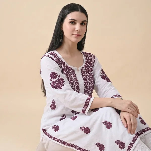 Wine_On_White_Cotton_Chikan_Colour_Work_Kurti_For_Women