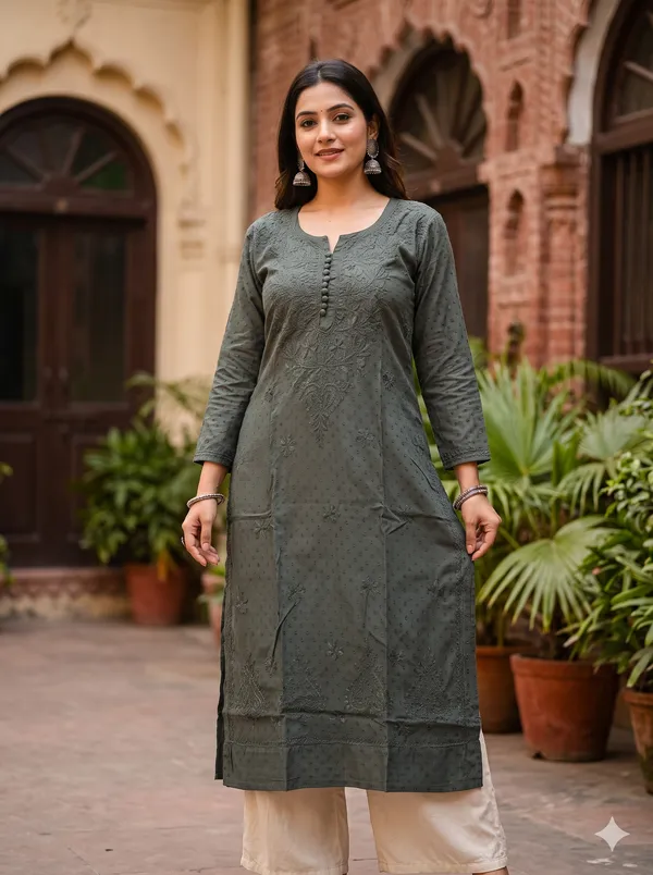 Dobby_Chikan_Kurti_Green_Color_