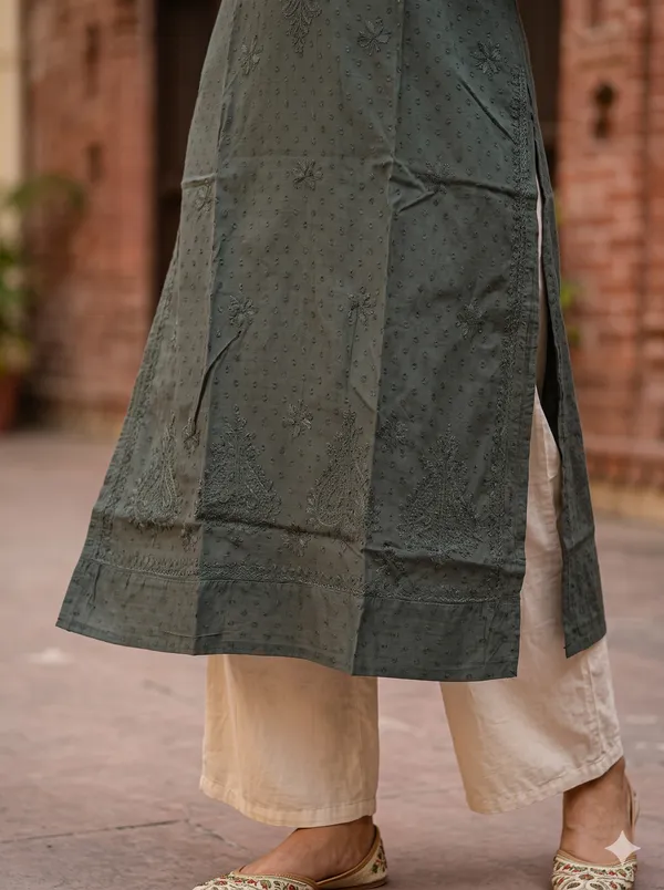 Dobby_Chikan_Kurti_Green_Color_