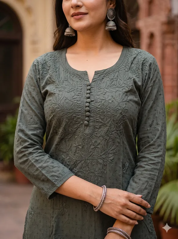 Dobby_Chikan_Kurti_Green_Color_