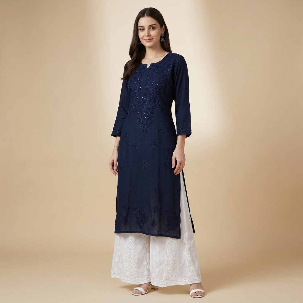 Navy_Blue_Rayon_Chikan_Mukesh_Work_Kurti_For_Women