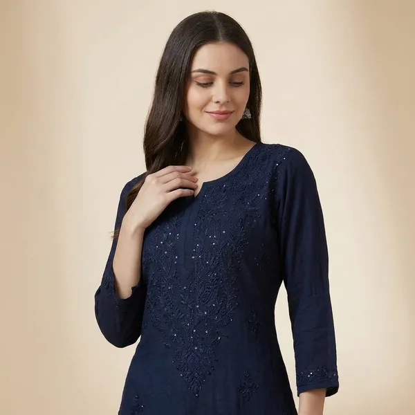 Navy_Blue_Rayon_Chikan_Mukesh_Work_Kurti_For_Women