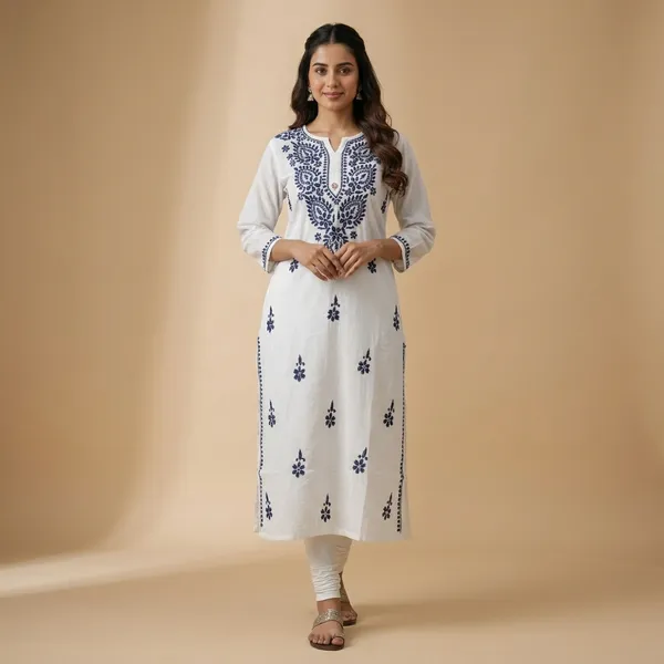 White_Cotton_Blue_Work_Kurti_For_Women