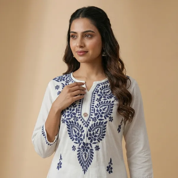 White_Cotton_Blue_Work_Kurti_For_Women